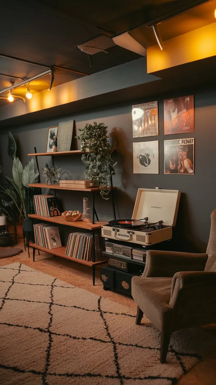 This vintage basement remodel perfectly captures a cool basement aesthetic. The open plan basement design maximizes the space, creating a cozy rec room with comfortable basement ideas like the plush rug and armchair. A wooden shelf displays books and plants, adding to the cute unfinished basement ideas and small dark basement ideas. The warm yellow lighting complements the dark walls, highlighting the vintage record player and vinyl collection. This is basement living at its finest, showcasing how to transform a basement room into a comfortable and inviting space.