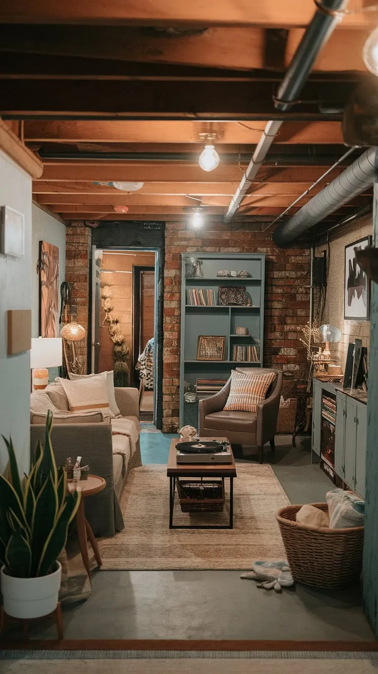 This cozy rec room proves that even a small dark basement can be transformed into a cool basement aesthetic. Basement living ideas don't get much better than this vintage basement remodel, showcasing comfortable basement ideas and an open plan basement design.