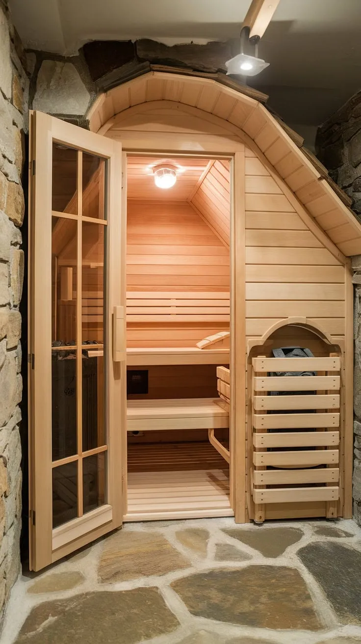 Indulge in the ultimate home spa experience with this stunning basement sauna. The sauna bathroom boasts a sophisticated sauna bathroom design, featuring a handcrafted wooden sauna with a charming sloped roof. The stone walls and floor complement the natural wood, creating a serene atmosphere in this wellness room. A simple yet elegant design, this indoor sauna, complete with a bucket and ladle, transforms your basement into a luxurious sauna steam room.