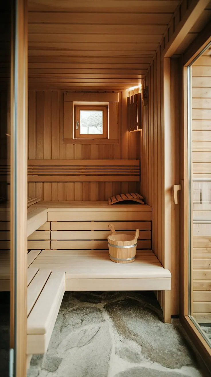 Escape to your own private wellness room with this charming basement sauna. The warm, inviting wood paneling and stone floor create a serene atmosphere perfect for relaxation. This home sauna, a stunning example of sauna bathroom design, offers a tranquil sauna steam room experience without leaving home. The small window lets in natural light, complementing the home spa room ambiance. A simple wooden bench and bucket of water complete this indoor sauna retreat.