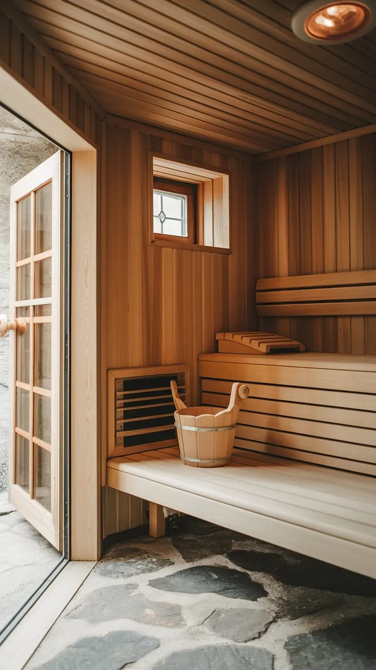 Indulge in the soothing warmth of this home sauna, a beautifully designed sauna bathroom nestled in the basement. The rich wooden interior, complemented by the stone floor and a strategically placed window, transforms this indoor sauna into a personal wellness room. This basement sauna, complete with a comfortable bench and sauna bucket, provides the ultimate sauna steam room experience for a luxurious home spa room escape.