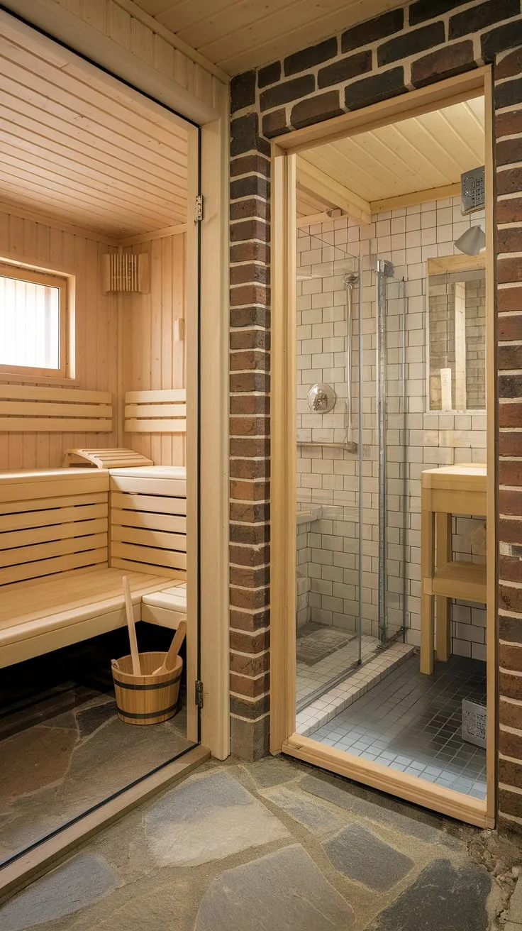 Escape to your own private wellness room with this stunning basement sauna design. The rustic wooden sauna steam room, complete with a traditional bucket and ladle, seamlessly integrates with a modern sauna bathroom featuring a shower, sink, and toilet, creating the ultimate home spa room experience. The exposed brick walls and stone floor add a touch of rugged elegance to this indoor sauna retreat.