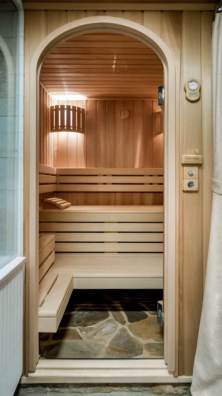 Unwind in this exquisitely crafted basement sauna. The sauna bathroom design creates a serene sauna steam room, a home sauna retreat offering the ultimate indoor sauna experience.