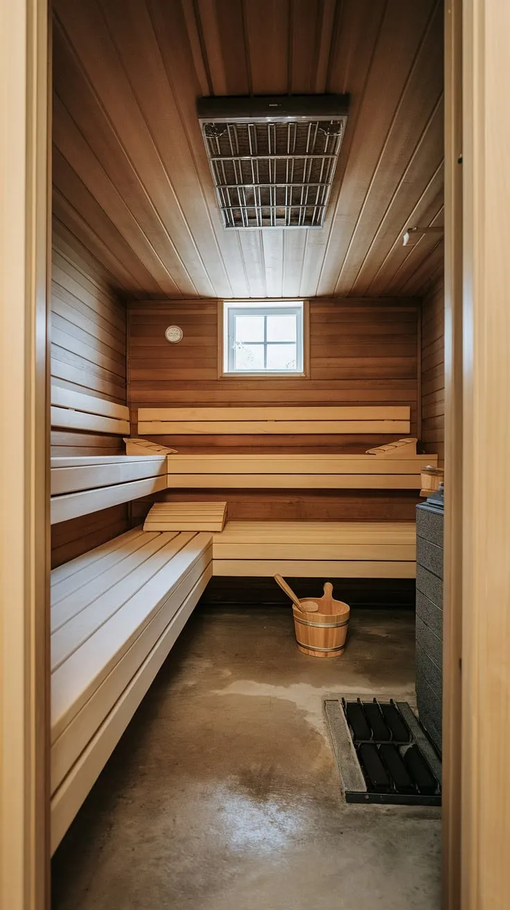 Escape to your own private wellness room: this basement sauna offers a tranquil home spa room experience, complete with traditional sauna bathroom design. The perfect indoor sauna for ultimate relaxation.