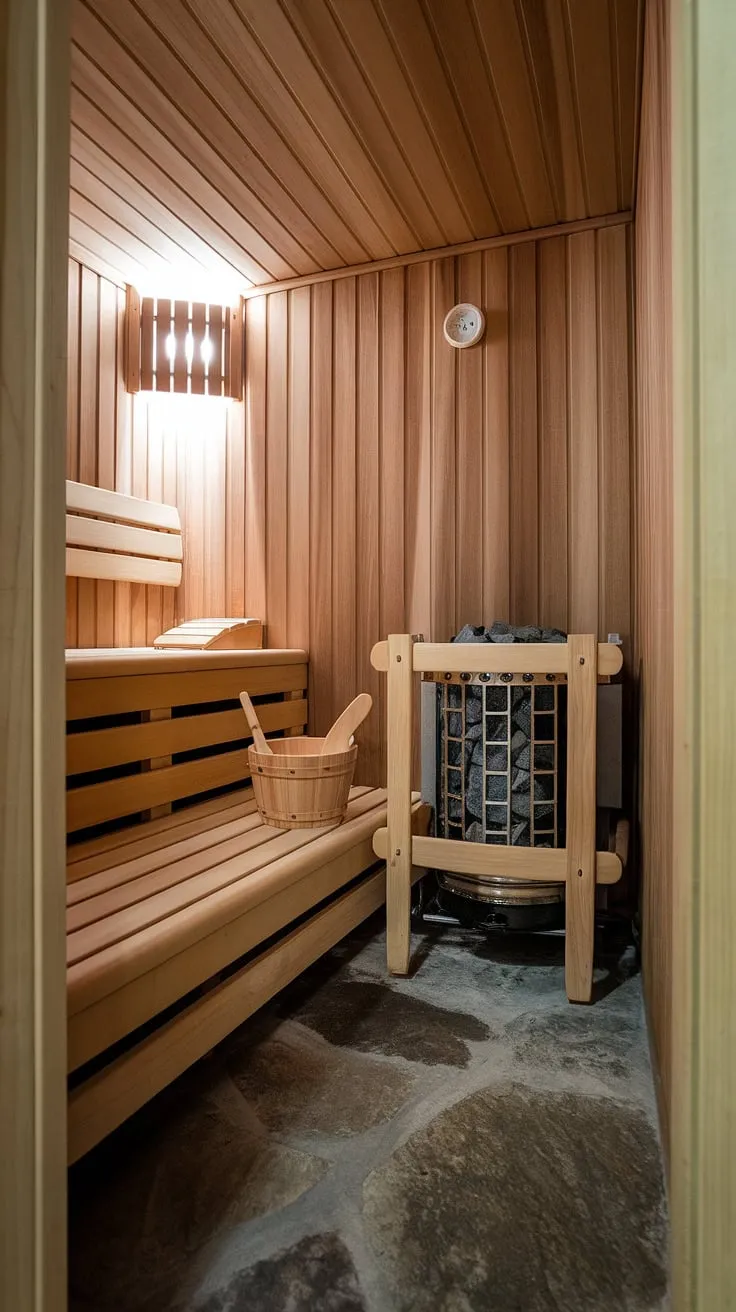 This stunning sauna bathroom design transforms a basement into a luxurious home sauna. The traditional Finnish sauna steam room features a comforting wooden interior, a warming heater, and a stone floor. The subtle aroma of heated wood fills this wellness room, creating the perfect home spa room for ultimate relaxation. A simple bucket and ladle add to the authentic indoor sauna experience.