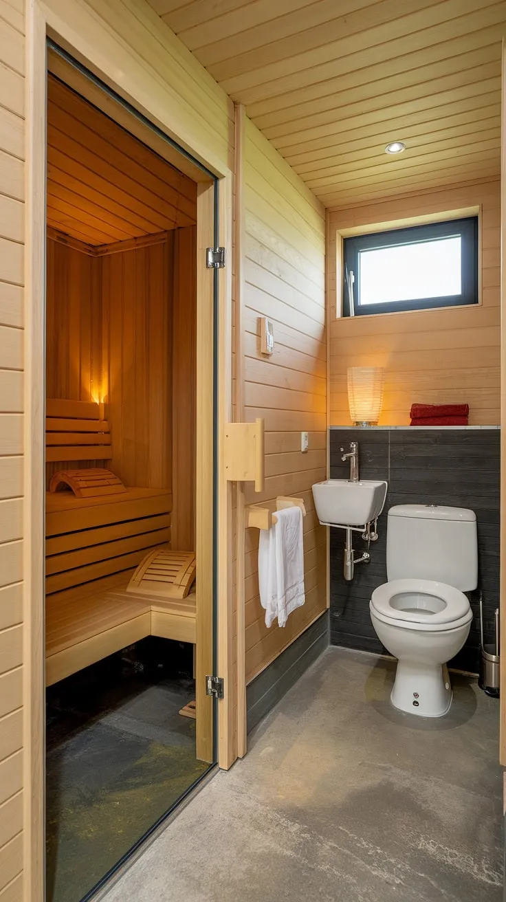 Transform your basement into a luxurious home sauna. This sauna bathroom boasts a stunning sauna steam room, creating a serene sauna bathroom design for your personal home spa room.