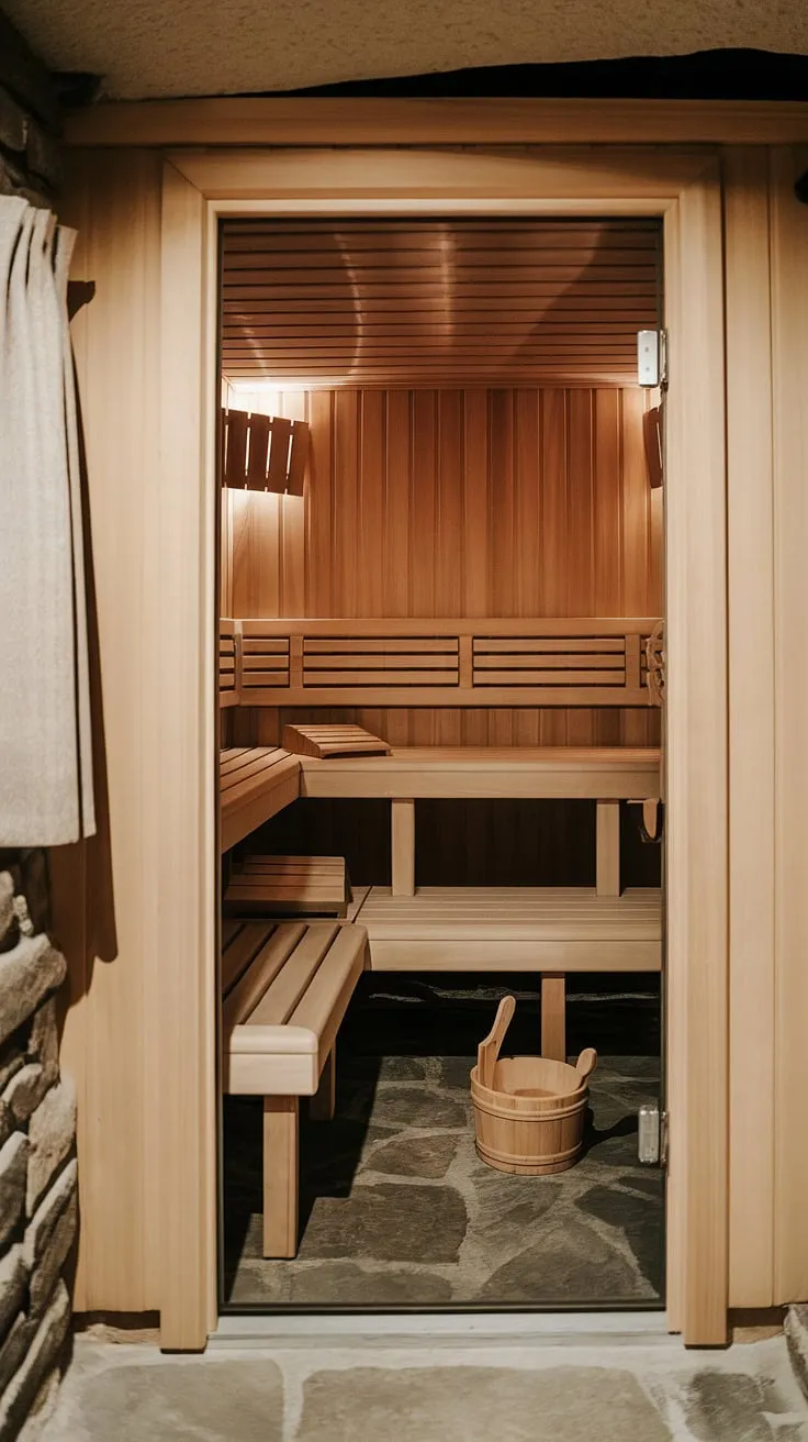 Escape to your own private wellness room: a cozy basement sauna, perfectly designed for relaxation. This home sauna offers a tranquil sauna bathroom experience, transforming your basement into a home spa room. The indoor sauna's traditional design and warm lighting create the ultimate sauna steam room escape.