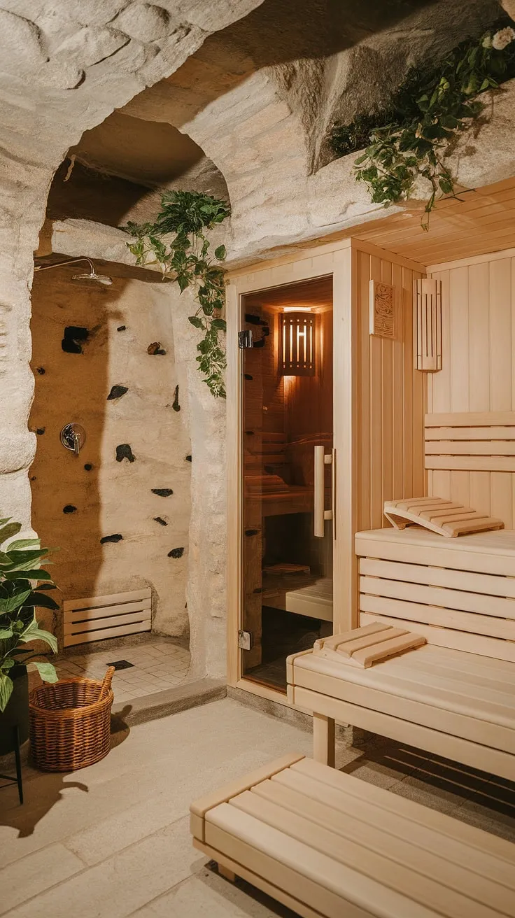 Escape to your own private wellness room: this basement sauna and sauna bathroom design offers the ultimate home spa experience. The perfect indoor sauna and sauna steam room for ultimate relaxation.