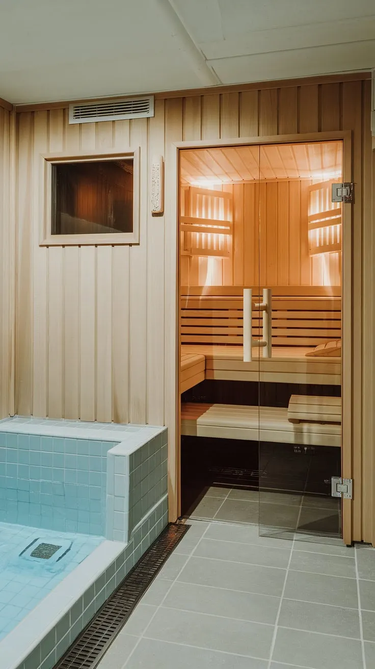 Transform your basement into a luxurious home sauna. This indoor sauna, complete with a cold plunge, offers the perfect sauna steam room experience for ultimate relaxation in your own sauna bathroom.