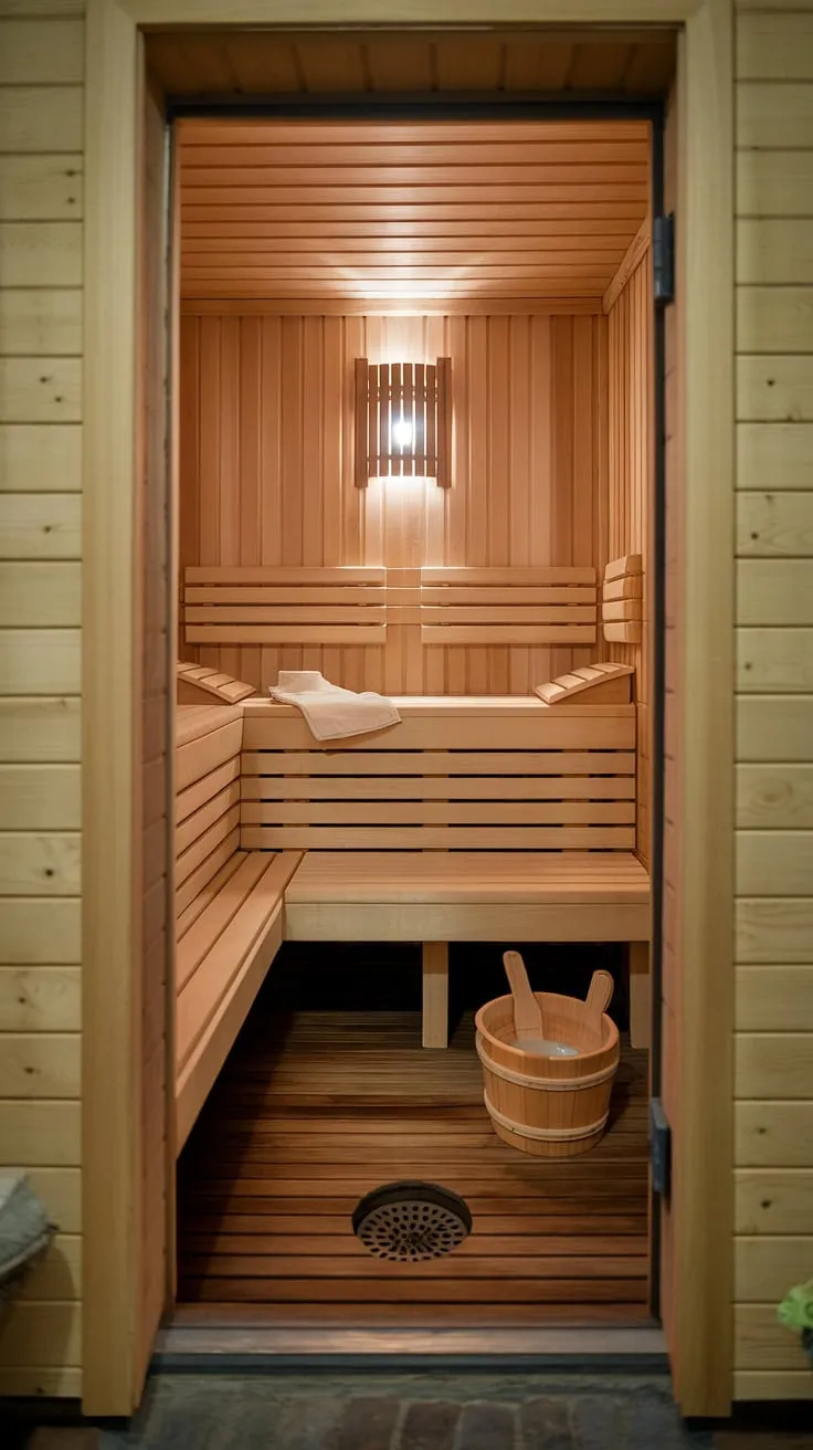 Escape to your private wellness room: this basement sauna offers the ultimate home spa experience. The perfect sauna bathroom design for ultimate relaxation.