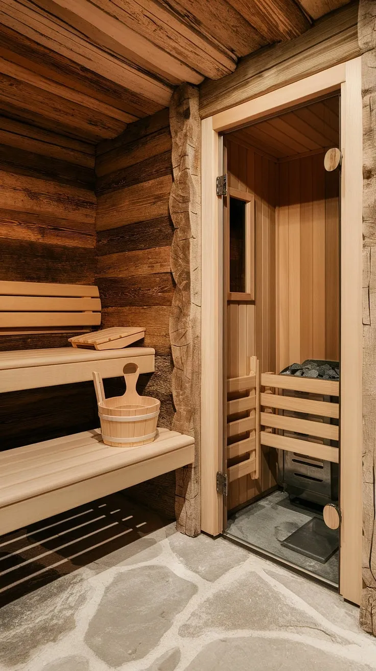 Escape to your own private wellness room: this rustic basement sauna offers the ultimate home spa experience. A perfect blend of sauna bathroom design and indoor sauna tranquility.