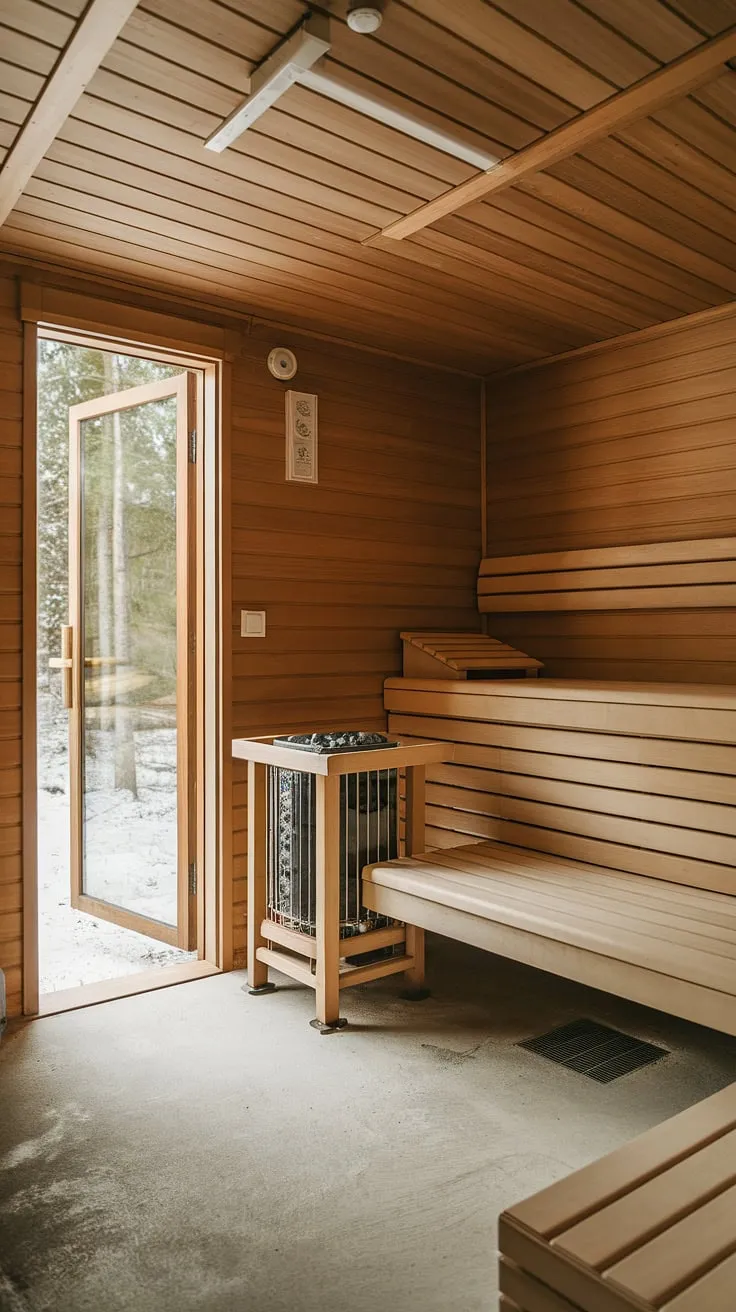 This home sauna, nestled in the basement, is a testament to thoughtful sauna bathroom design. The rich wood paneling on the walls and ceiling, combined with the simple wooden bench and traditional sauna heater, creates a serene sauna steam room. This indoor sauna provides a luxurious home spa room experience, transforming your basement into a personal wellness room. The exterior door offers easy access, making this basement sauna the perfect escape.