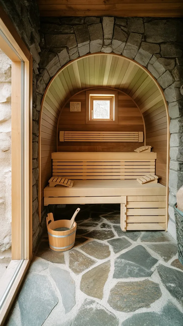 Escape to your own private wellness room with this rustic basement sauna. The home sauna's wooden interior, stone floor, and small window create a tranquil atmosphere perfect for a rejuvenating sauna steam room experience. The included bucket and ladle complete this idyllic sauna bathroom design, transforming your home spa room into a sanctuary of relaxation. This indoor sauna offers a unique blend of comfort and functionality, making it the perfect addition to any home.