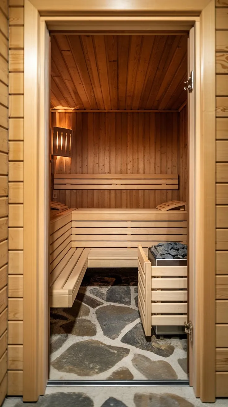 Unwind in the tranquil ambiance of this basement sauna. A stunning sauna bathroom design, this home sauna provides a luxurious home spa room experience, complete with a traditional sauna steam room feel.