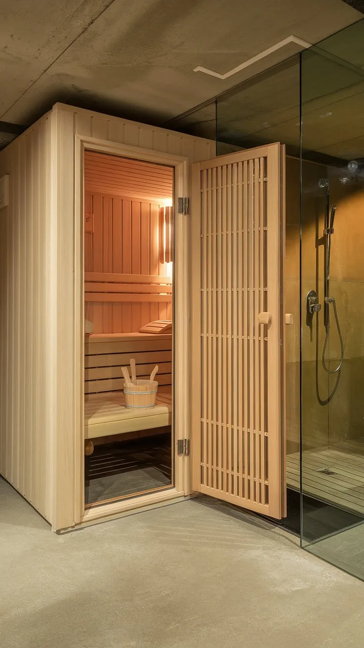 Escape to your own private wellness room, complete with a stunning basement sauna. This home spa room boasts a beautifully crafted indoor sauna, perfect for relaxation and rejuvenation. The sauna bathroom design seamlessly integrates the sauna steam room with a convenient shower, creating a luxurious and efficient sauna bathroom experience.