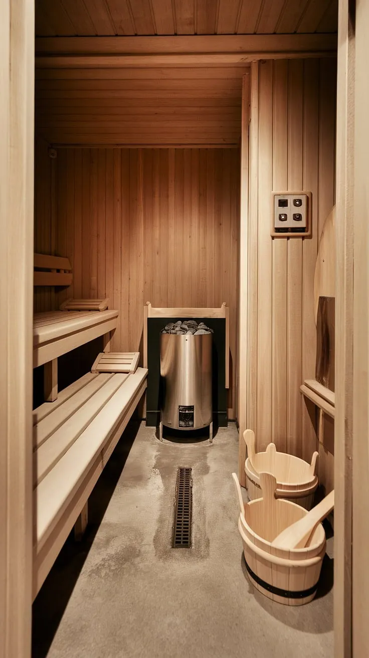 Escape to your own private wellness room with this stunning basement sauna bathroom. The home sauna's traditional wooden design creates a serene atmosphere, enhanced by the warm lighting. This sauna bathroom design seamlessly blends functionality and aesthetics, with a convenient bench, a simple heater and control panel, and a central drain. The inclusion of wooden buckets and a ladle adds to the authentic sauna steam room feel of this home spa room. Experience the rejuvenating benefits of an indoor sauna in the comfort of your own basement.