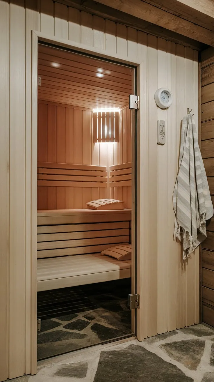 Escape to your own private wellness room with this stunning basement sauna. The home spa room boasts a sophisticated sauna bathroom design, featuring warm wooden walls, a comfortable bench, and a stone floor. The gentle sauna steam fills the indoor sauna, creating the perfect atmosphere for relaxation in your home sauna. A simple thermostat and light switch add to the minimalist aesthetic of this sauna steam room.