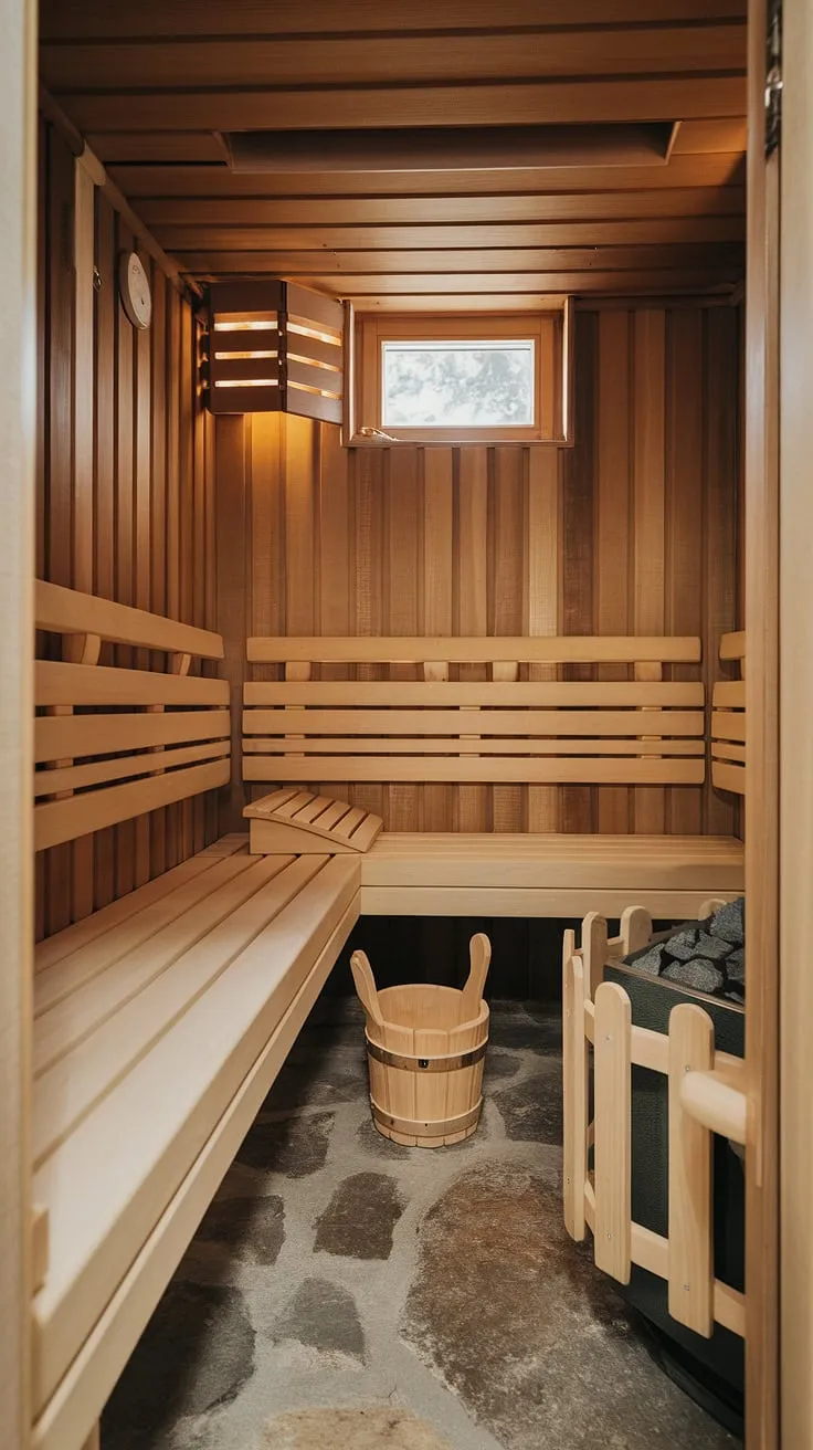 This home sauna, nestled in the basement, is a testament to thoughtful sauna bathroom design. The warm lighting enhances the rich wooden interior of this home spa room, transforming it into a personal wellness room. The stone floor, wooden bench, and strategically placed window create a truly inviting sauna steam room. This indoor sauna offers a convenient and luxurious escape, complete with a traditional wooden bucket and ladle.
