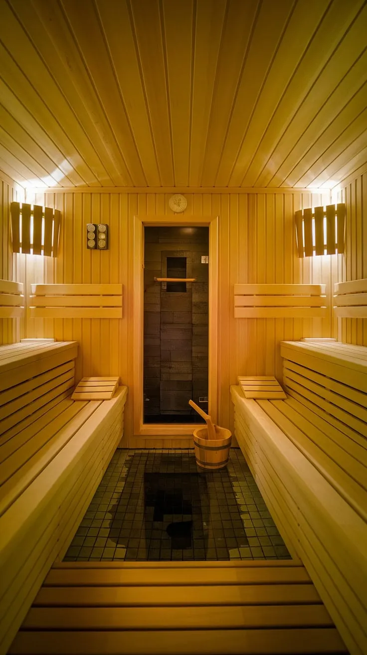 Indulge in the warmth of your own basement sauna. This stunning sauna bathroom, with its authentic Finnish sauna bathroom design, creates a tranquil home sauna and home spa room, perfect for ultimate relaxation.