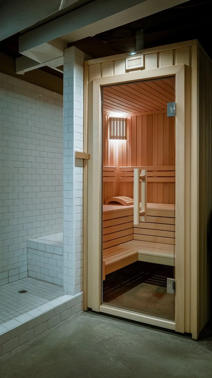 Escape to your own private wellness room: this basement sauna and sauna bathroom design transforms a forgotten space into a home spa room, complete with an indoor sauna and shower. The perfect sauna steam room for ultimate relaxation.