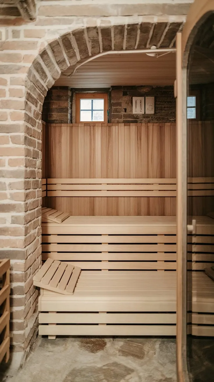 Escape to your own private wellness room: this basement sauna offers a rustic retreat for ultimate relaxation. The sauna bathroom design perfectly blends natural wood with exposed brick for a truly unique home spa room experience.