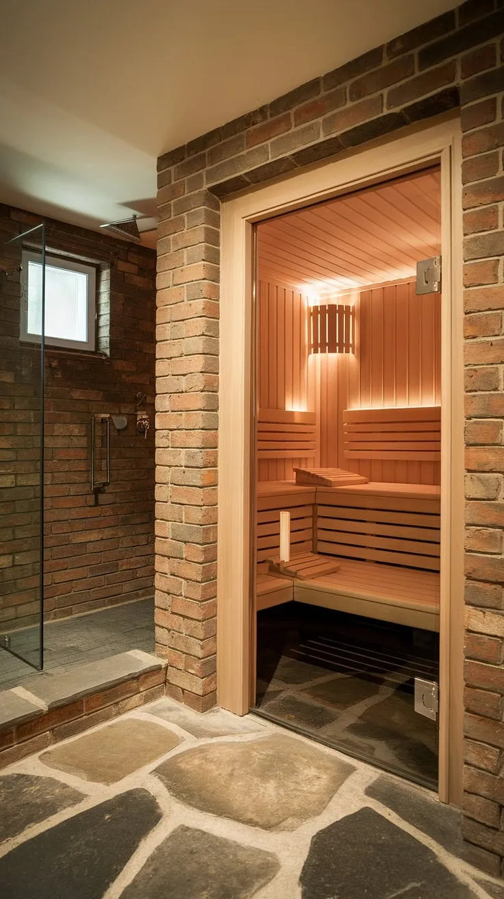 Transform your basement into a luxurious home sauna. This sauna bathroom design offers a tranquil sauna steam room and shower, creating a personal home spa retreat. Experience the benefits of an indoor sauna in your own basement sauna.