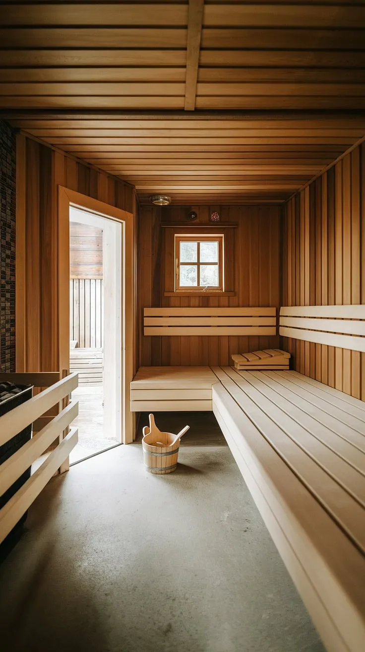 Escape to your own private wellness room with this beautifully crafted basement sauna. The traditional Finnish sauna bathroom design features warm wood paneling, a built-in bench, and a small window letting in natural light. This home sauna, a perfect indoor sauna and sauna steam room, offers a tranquil home spa room experience, complete with a water bucket and ladle for the ultimate relaxation. The concrete floor adds a touch of rustic charm to this cozy basement sauna bathroom.