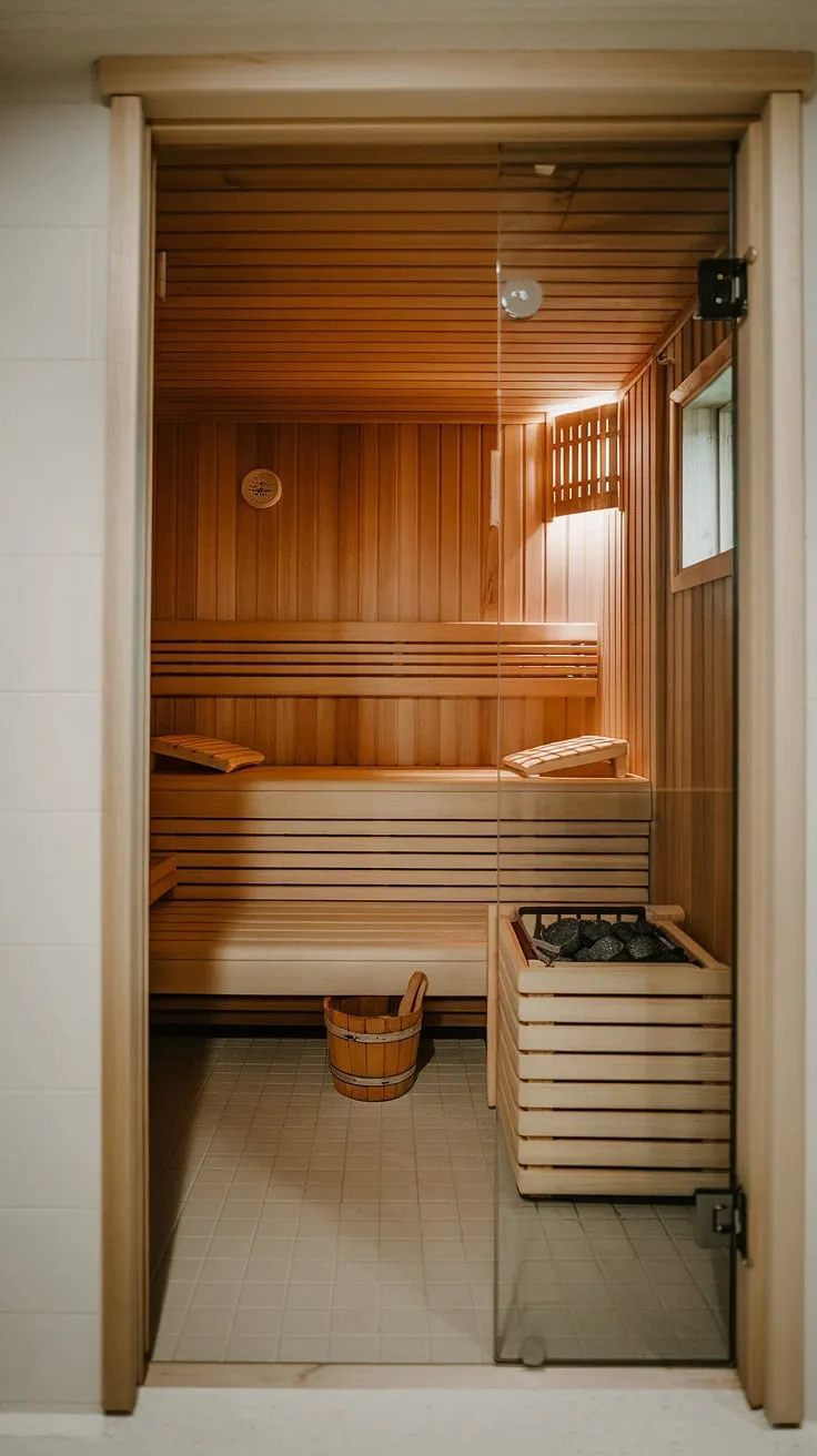 Escape to your own private wellness room: this basement sauna bathroom design offers the ultimate home spa experience. A perfect blend of indoor sauna and steam room luxury.