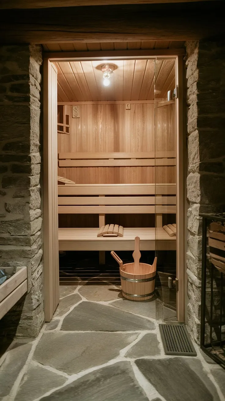 Escape to your own private wellness room: this basement sauna offers a tranquil home spa room experience, a perfect blend of sauna bathroom design and rustic charm. The indoor sauna's steam room atmosphere is enhanced by the natural stone and wood.