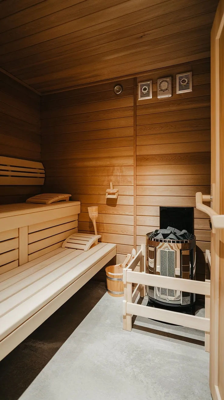 Unwind in the comforting warmth of your basement sauna. This sauna bathroom boasts a stunning sauna bathroom design, creating a perfect home spa room and wellness room escape. Enjoy the authentic Finnish feel of this indoor sauna, a truly luxurious home sauna experience.