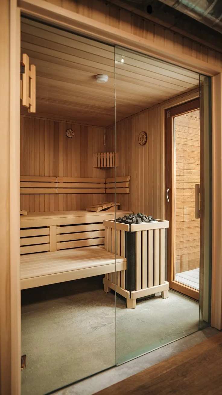 Escape to your own private wellness room: this basement sauna offers the ultimate home spa experience, transforming your sauna bathroom into a sanctuary of relaxation. The perfect indoor sauna and sauna steam room design.