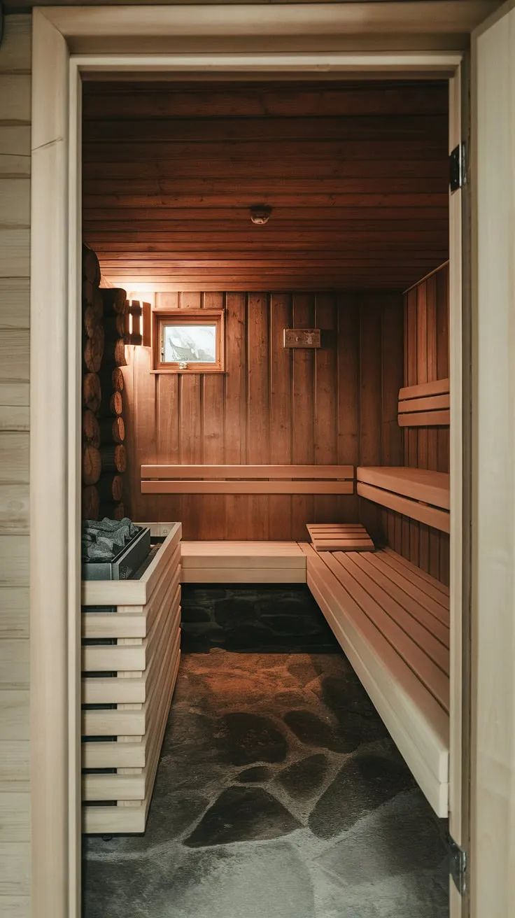 Escape to your own private wellness room: this basement sauna offers a tranquil home spa room experience, complete with traditional sauna bathroom design. The perfect indoor sauna and sauna steam room for ultimate relaxation.