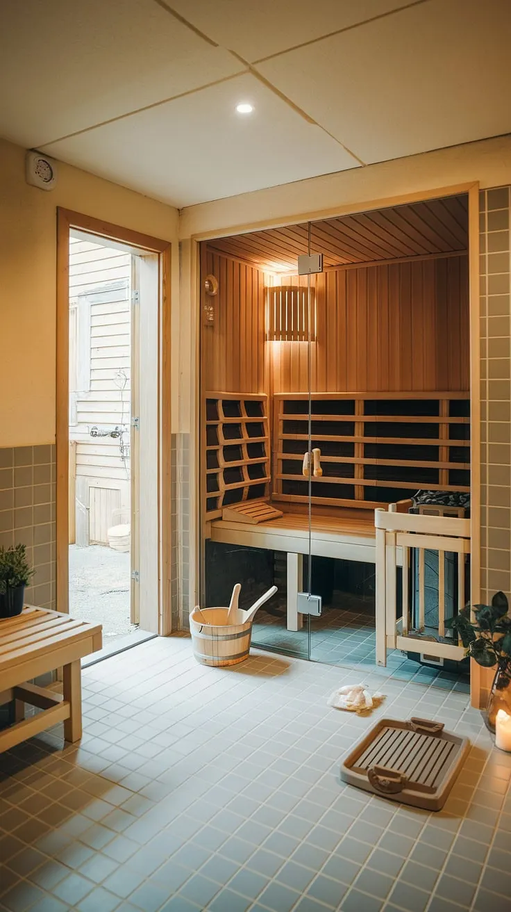 Escape to your own private wellness room with this stunning basement sauna bathroom design. The warm lighting enhances the traditional wooden sauna, complete with benches, a heater, and a bucket of water and ladle for the perfect sauna steam room experience. A tiled floor, additional seating, a touch of greenery, and a flickering candle complete this home spa room, offering a tranquil home sauna retreat.