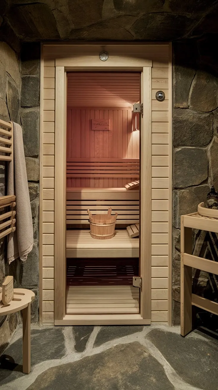 Escape to your own private wellness room: this basement sauna and sauna bathroom design offers the ultimate home spa experience. A perfect indoor sauna and steam room retreat.