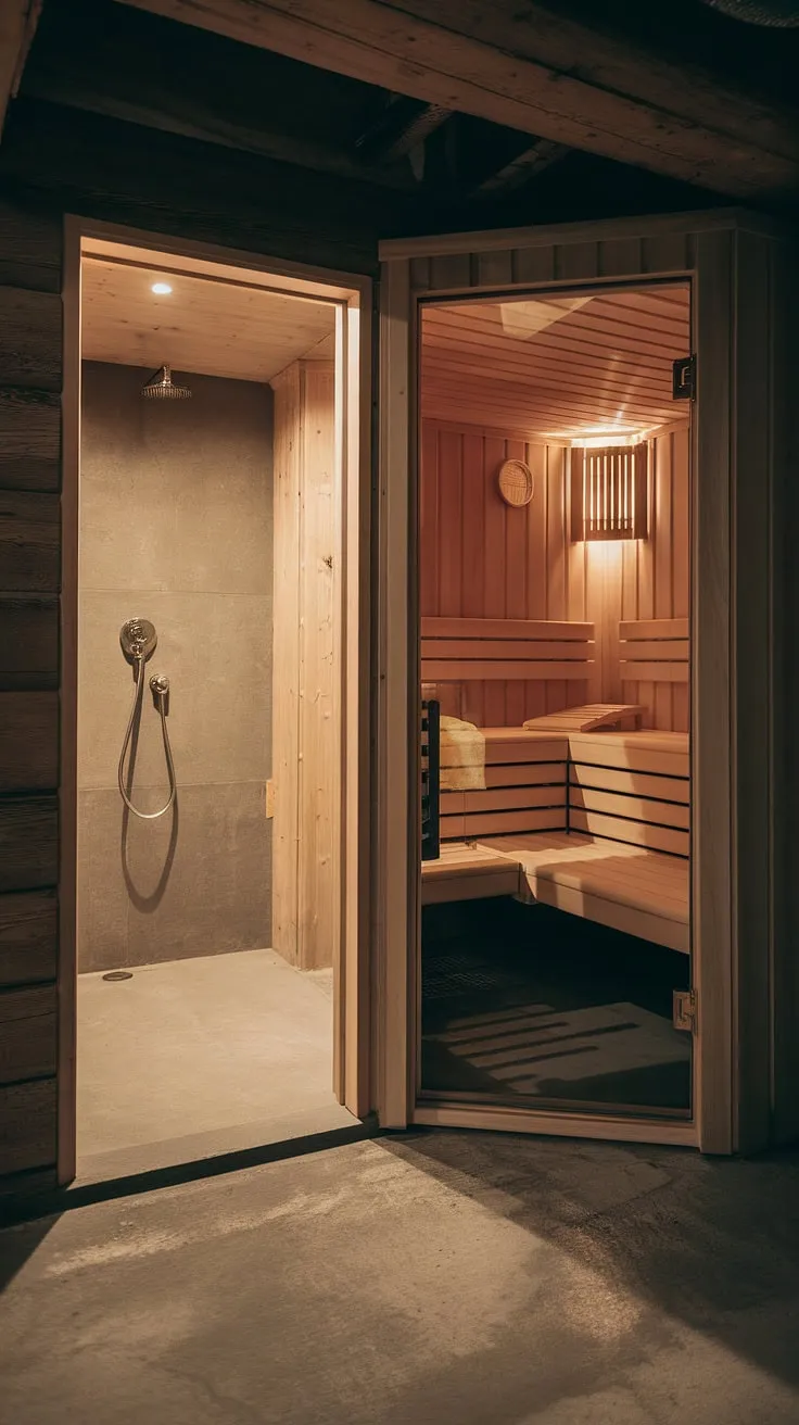 Escape to your private wellness room: this basement sauna and sauna bathroom design offers the ultimate home spa experience. Indoor sauna bliss awaits.