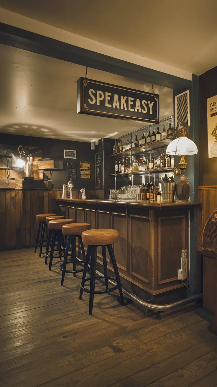 Charming Vintage Speakeasy Basement with Cozy Ambiance