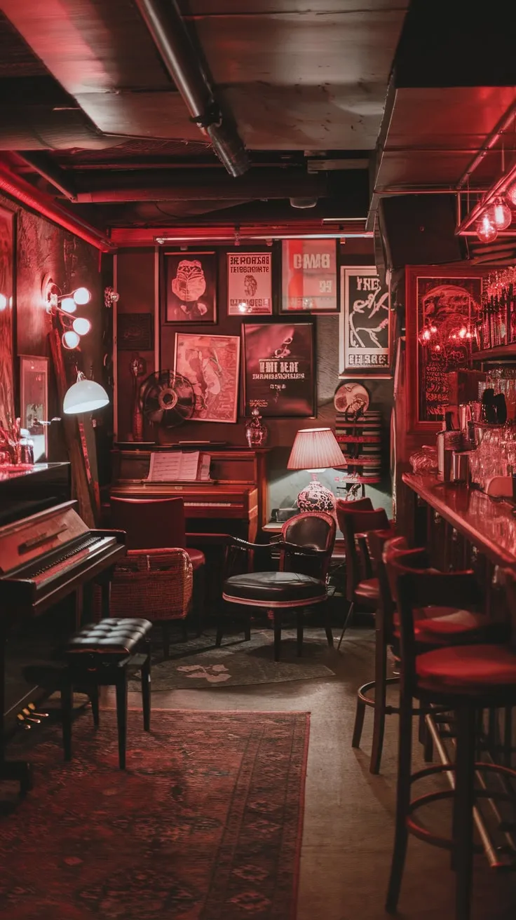 Vintage Basement Speakeasy with Dim Red Lighting