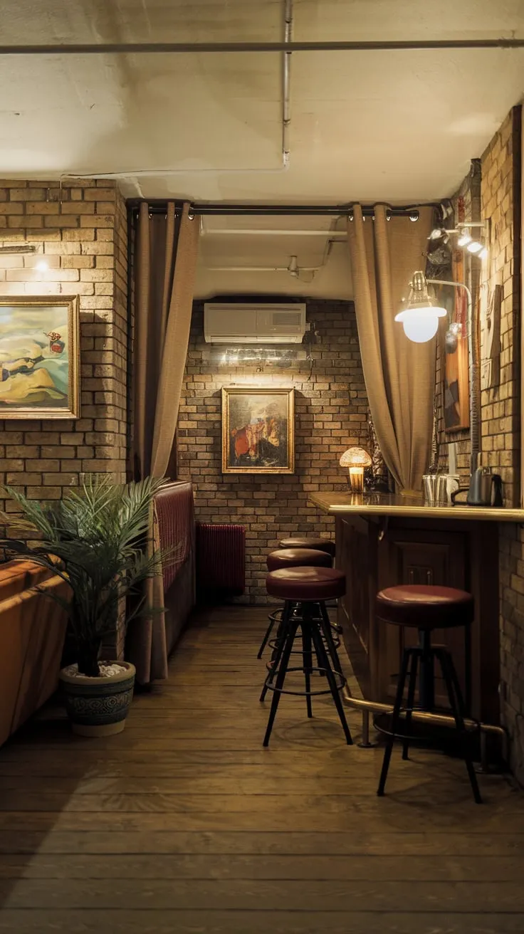 Charming Vintage Speakeasy Basement with Warm Ambiance