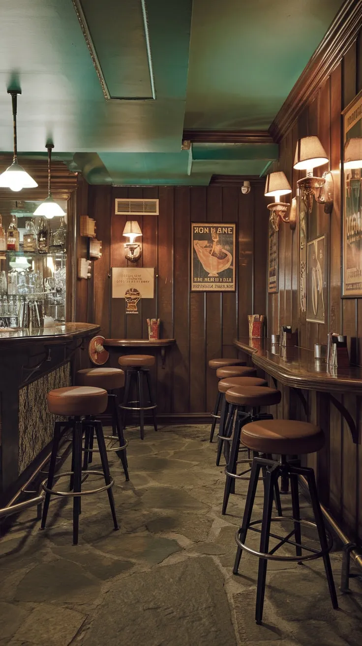 Charming Vintage Speakeasy Basement with Dark Wood Decor