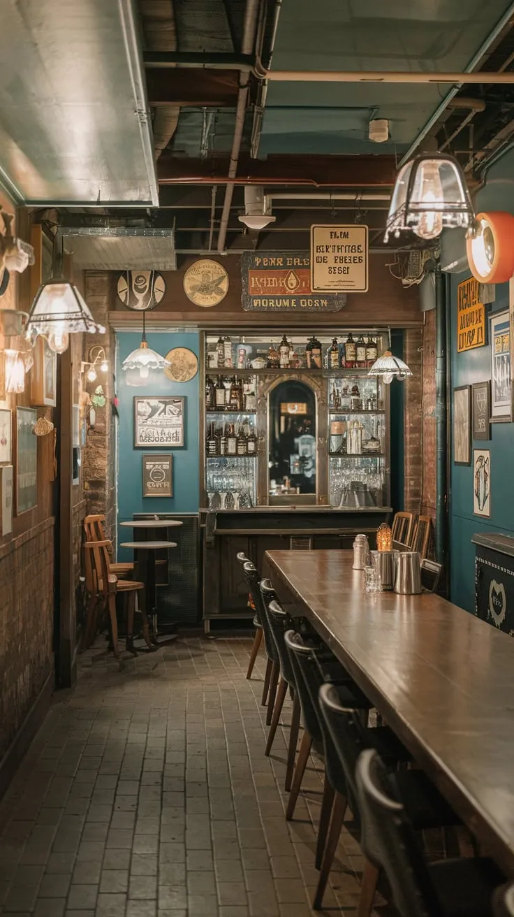 Charming Speakeasy Basement with Vintage Decor and Atmosphere