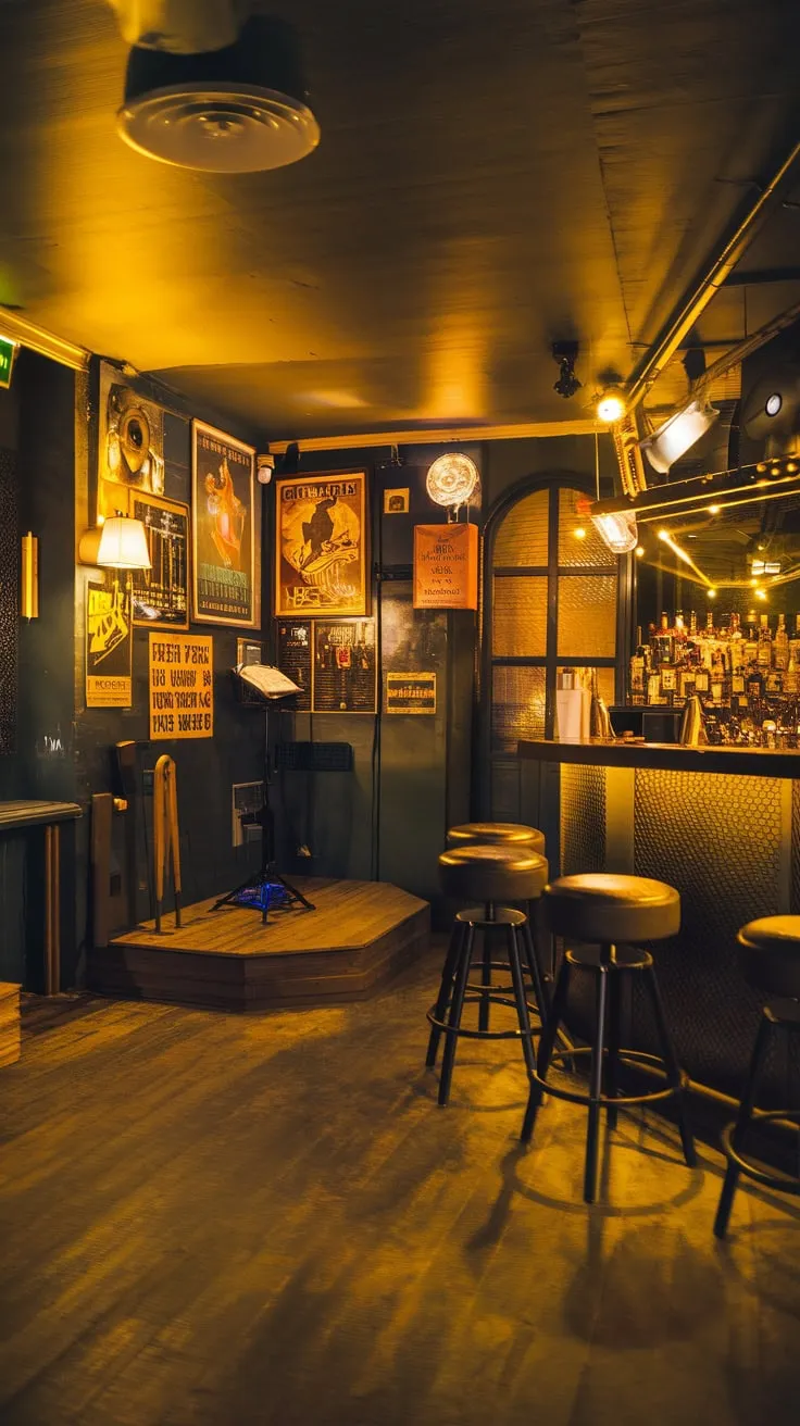 Vintage Basement Speakeasy with Warm Lighting and Charm