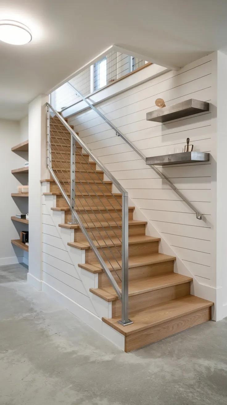 Sleek Modern Basement Stairs with Stylish Metal Railing