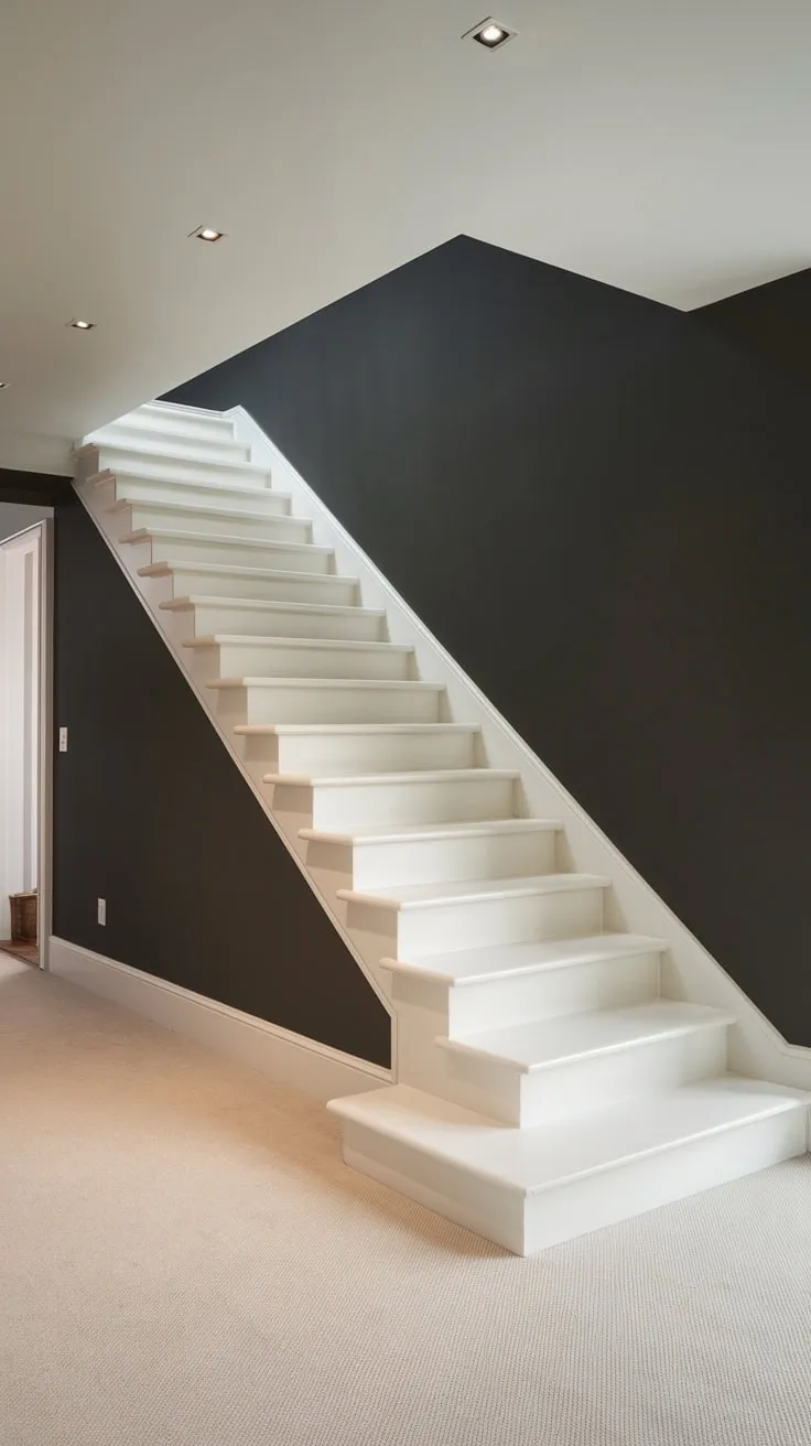 Sleek White Stairs Contrast Against Dark Grey Wall