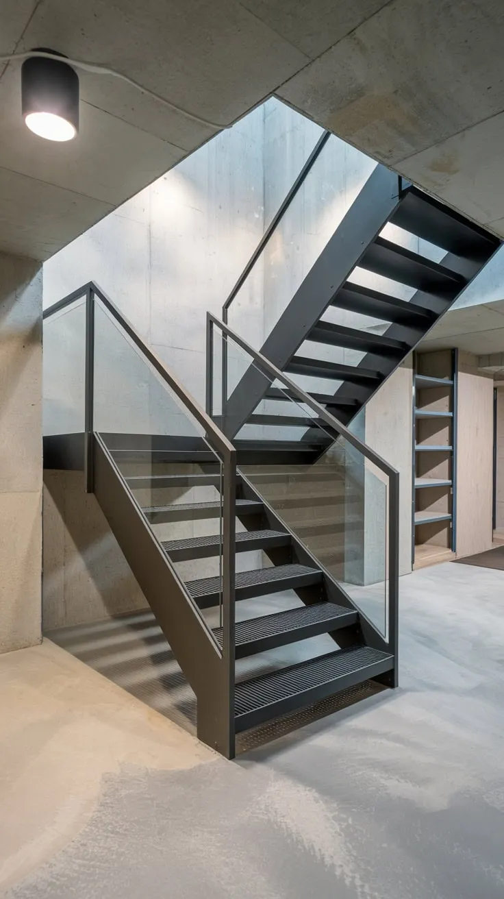 Sleek Minimalist Basement Stairs with Steel and Glass