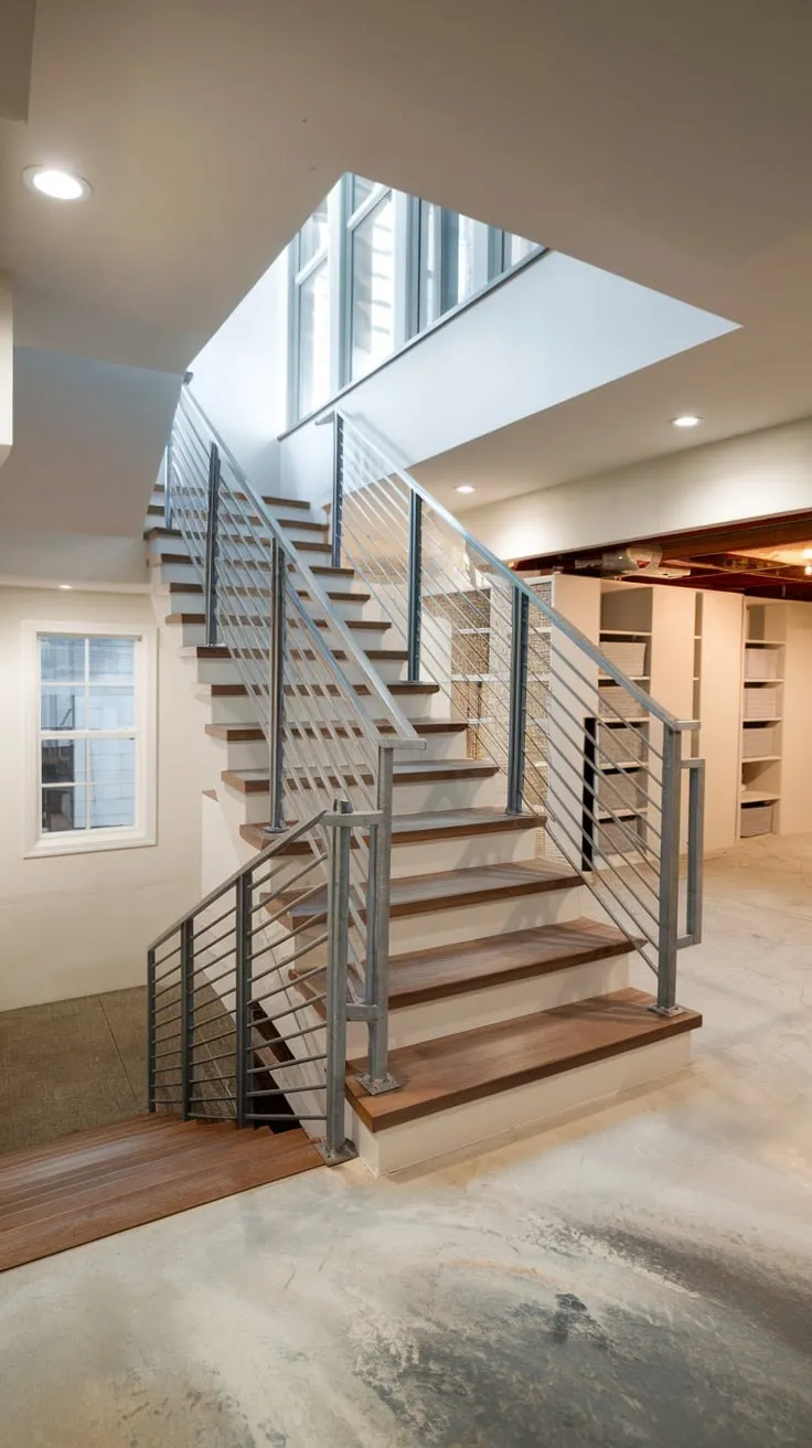 Stylish Modern Basement Stairs with Skylight Illumination