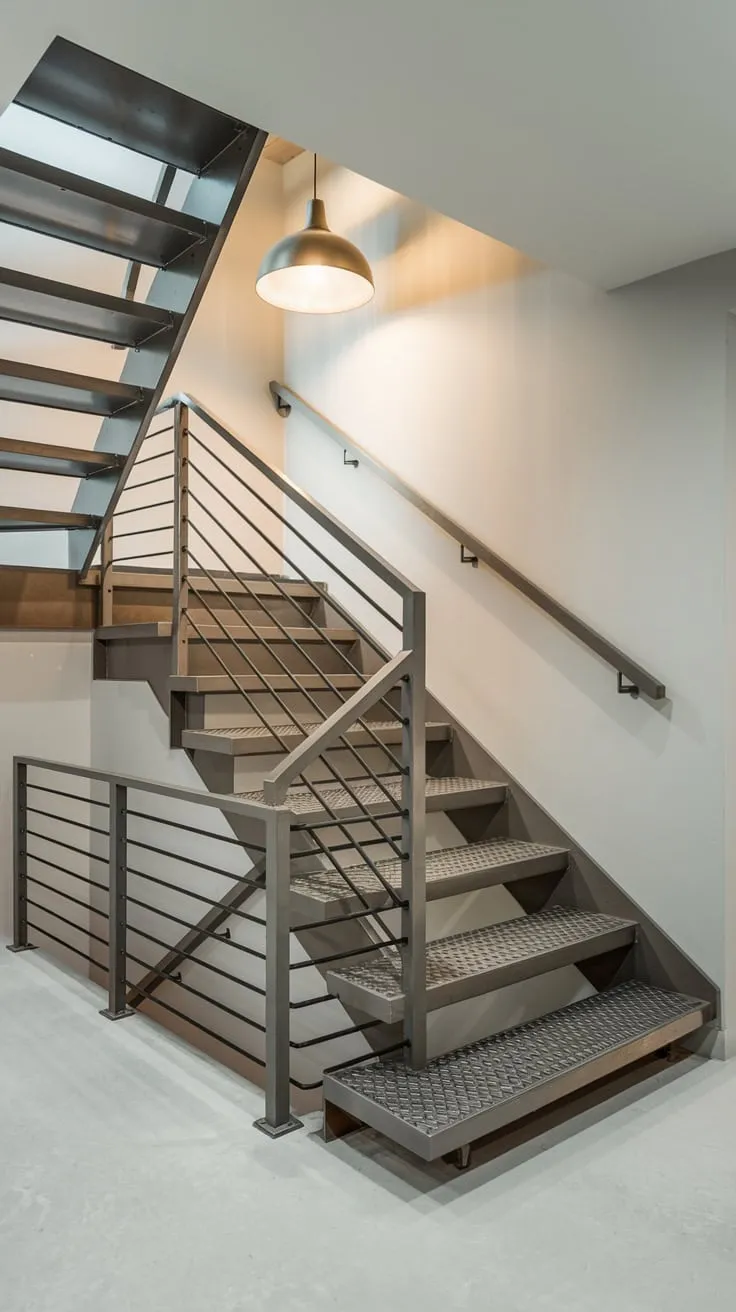 Sleek Metal Basement Stairs with Minimalist Industrial Design