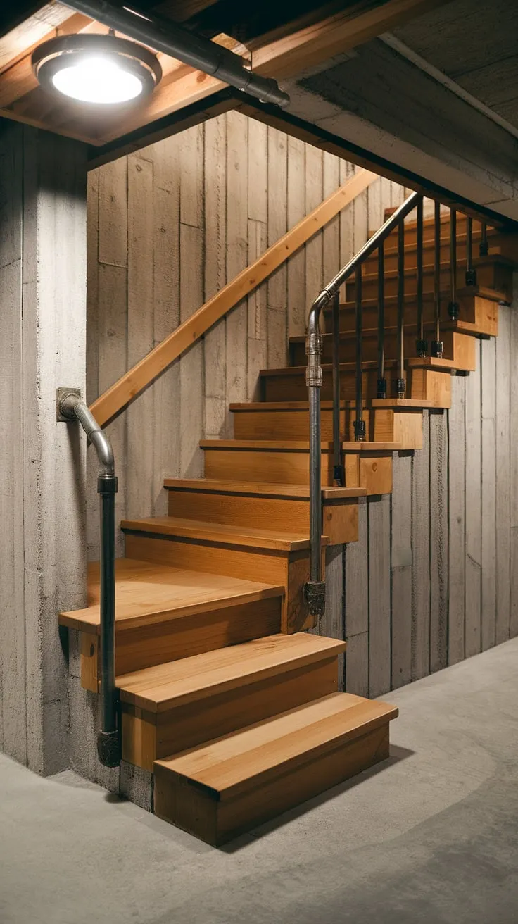 Industrial chic meets practicality in this basement stair design.  The robust metal pipe railing ensures basement stair safety, while the strategic basement stair lighting brightens the descent.  This basement stair renovation showcases clever use of basement stair materials, highlighting a thoughtful approach to basement stair construction and offering inspiring basement stair ideas for your own project.  The overall design is a testament to the possibilities of basement staircases.