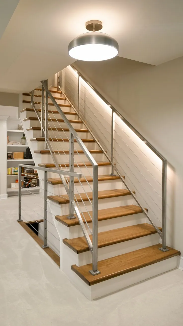 Sleek Modern Basement Stairs with Illuminated Design