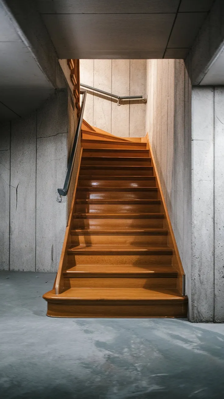 The interplay of light and shadow on these basement stairs highlights the careful selection of basement stair materials.  This basement stair design prioritizes both aesthetics and basement stair safety with a sturdy metal railing.  The image offers a wealth of basement stair ideas for your next basement stair construction or renovation project, demonstrating effective basement stair lighting and showcasing various approaches to basement staircases.
