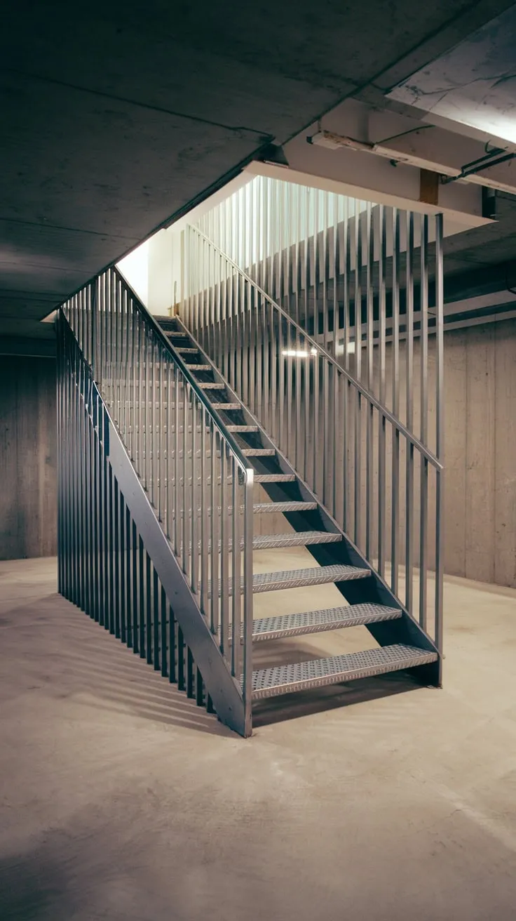 Sleek Steel Stairs Illuminate Modern Concrete Basement Space